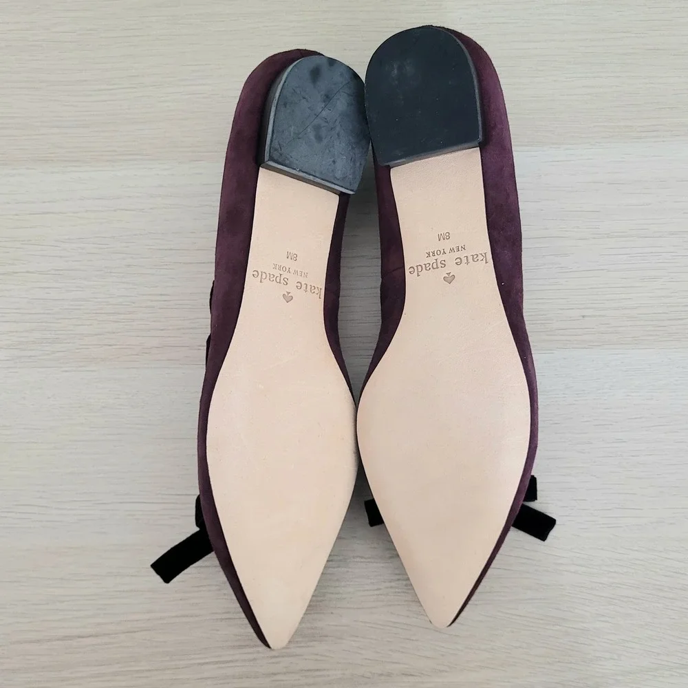 Kate Spade Kalani Suede Flats Cherry Burgundy Red Purple Black Bow Point Shoes 8